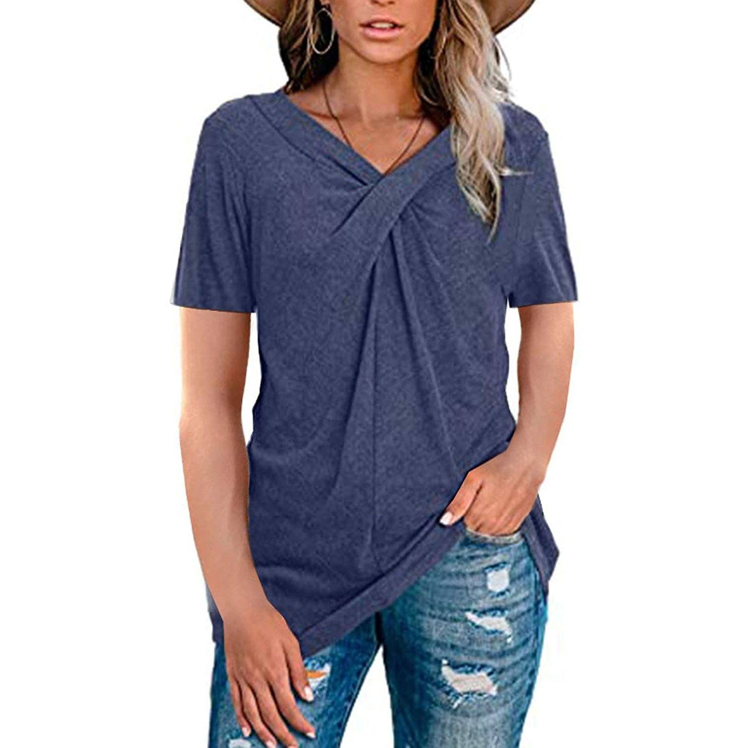 Women's Summer Shirts V Neck Short Sleeve Tops Cross Knot Women's Clothing Navy S - DailySale