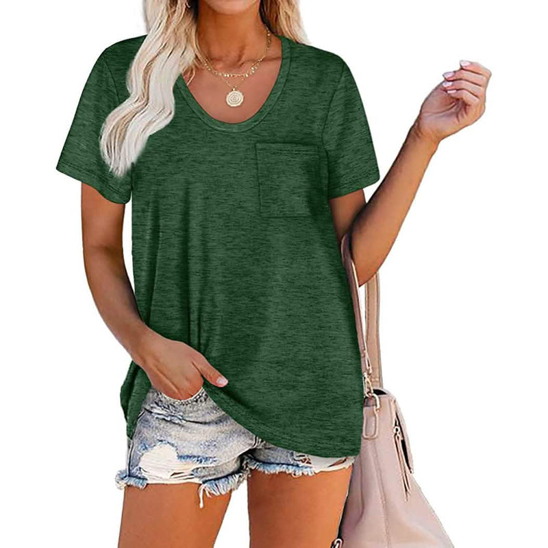 Women's Summer Short Sleeve Crew Neck Pocket Top Women's Tops Dark Green S - DailySale