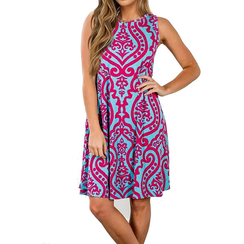 Women's Summer Sleeveless Damask Print Pocket Loose T-Shirt Cover Up Dress Women's Dresses Rosy S - DailySale