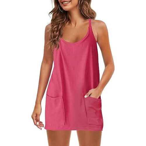 Womens Summer Sleeveless Mini Dress V Neck Spaghetti Strap with Pockets Hot Pink / M Womens Summer Sleeveless Mini Dress V Neck Spaghetti Strap with Pockets Hot Pink / M