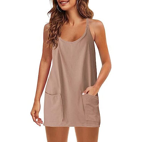 Womens Summer Sleeveless Mini Dress V Neck Spaghetti Strap with Pockets Women's Dresses Khaki S - DailySale