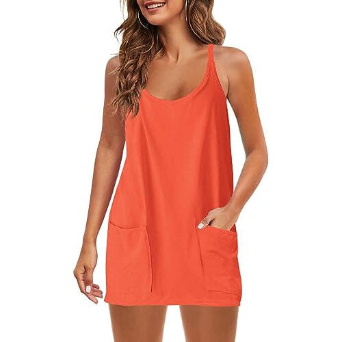 Womens Summer Sleeveless Mini Dress V Neck Spaghetti Strap with Pockets Women's Dresses Orange S - DailySale