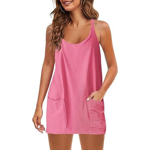 Womens Summer Sleeveless Mini Dress V Neck Spaghetti Strap with Pockets Women's Dresses Pink S - DailySale
