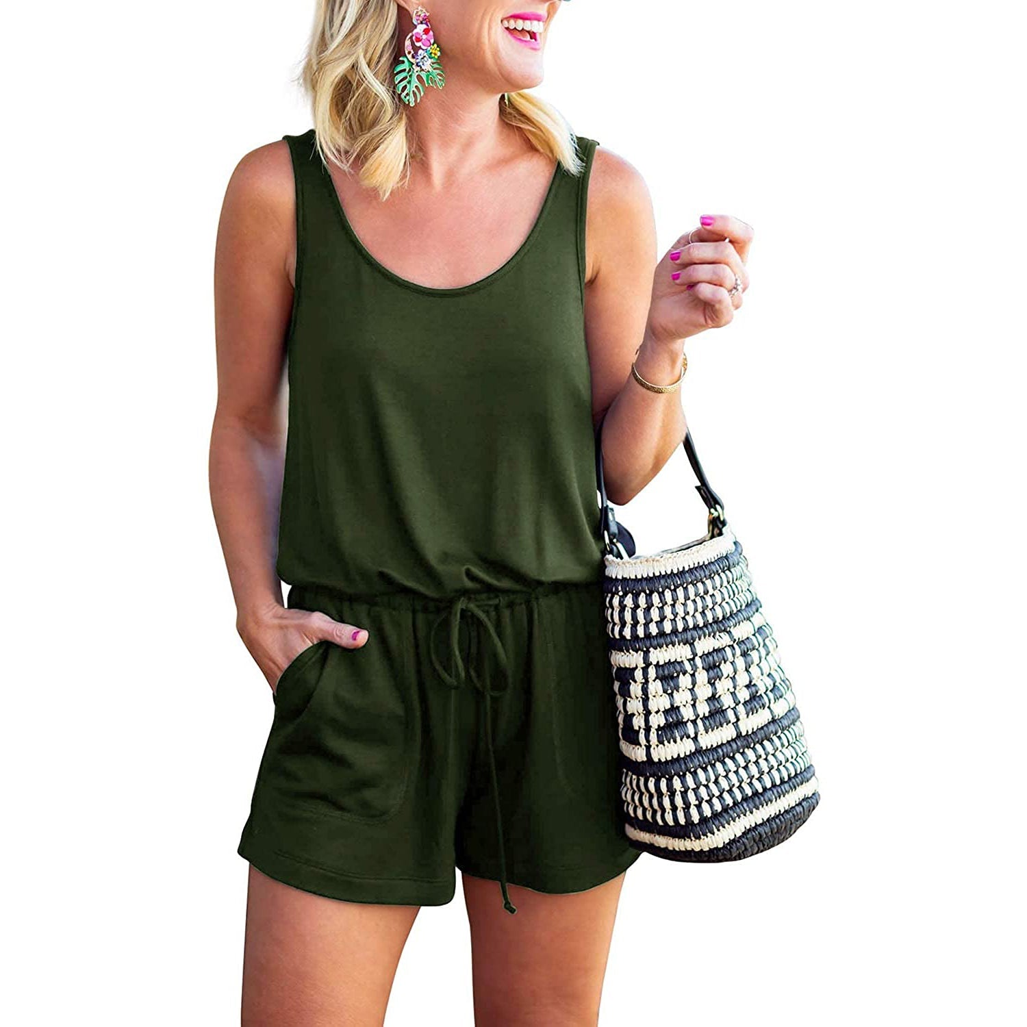 Women's Summer Sleeveless Tank Top Jumpsuit Women's Tops Army Green S - DailySale