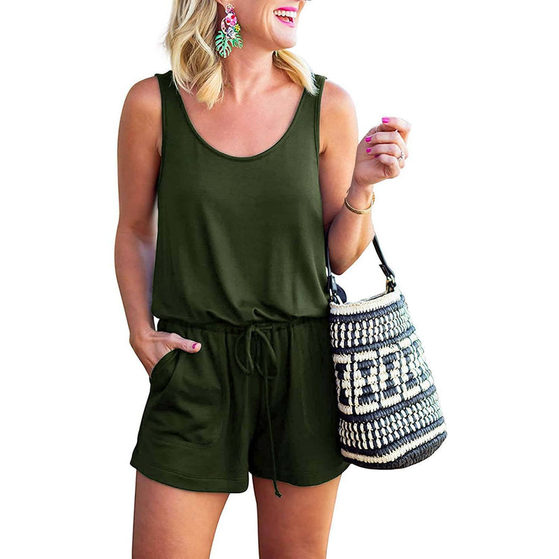 Women's Summer Tank Jumpsuit Casual Loose Sleeveless Beam Foot Elasitic Waist Jumpsuit Romper with Pockets Women's Clothing Army Green S - DailySale