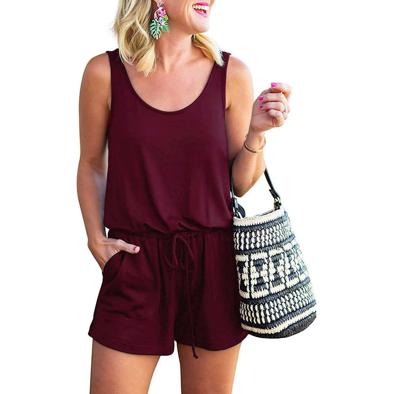 Women's Summer Tank Jumpsuit Casual Loose Sleeveless Beam Foot Elasitic Waist Jumpsuit Romper with Pockets Women's Clothing Wine Red S - DailySale