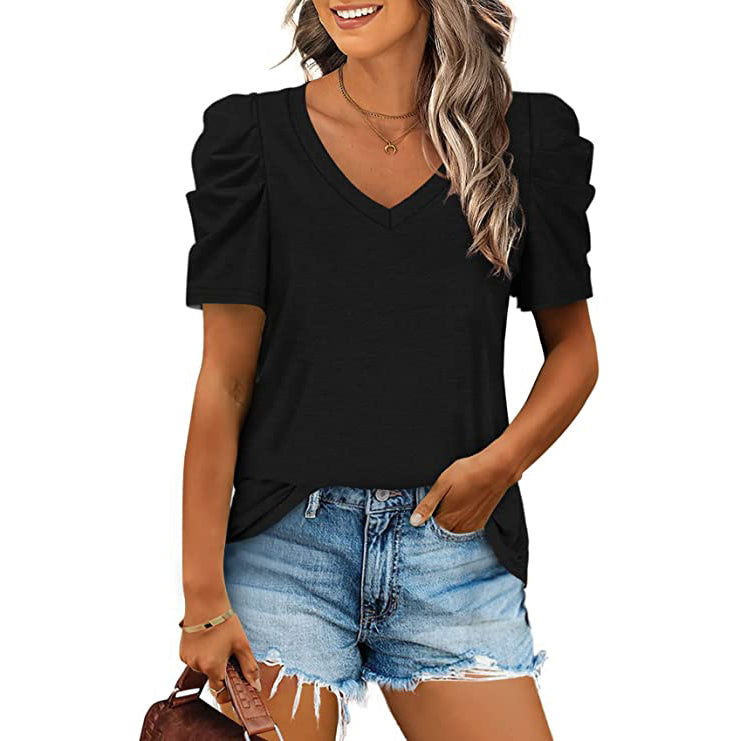 Women's Summer V-Neck Casual T-Shirt Women's Tops Black S - DailySale