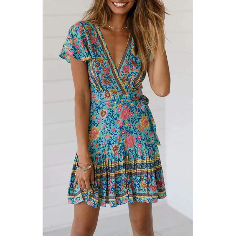 Women’s Summer Wrap V Neck Bohemian Floral Print Mini Dress