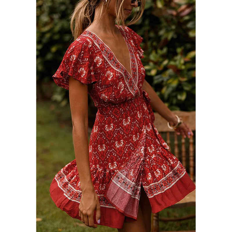 Women’s Summer Wrap V Neck Bohemian Floral Print Mini Dress