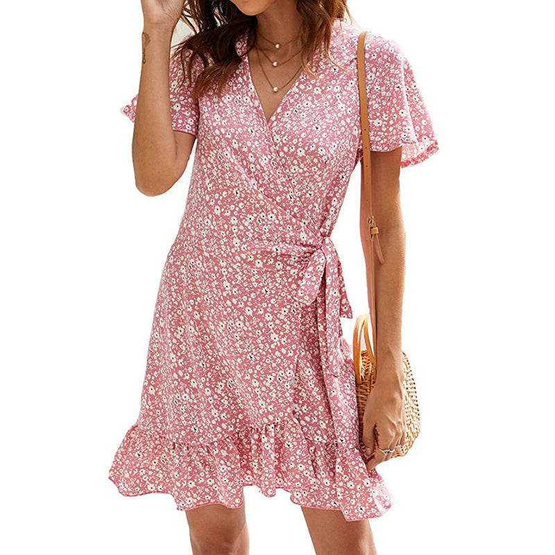 Women's Summer Wrap V Neck Polka Dot Dress Women's Dresses Pink S - DailySale