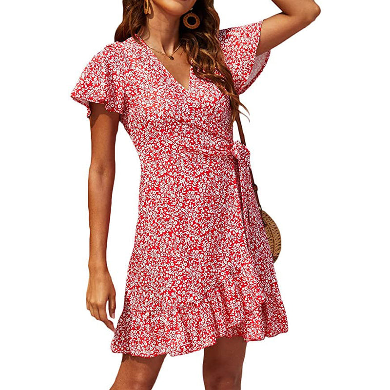 Women's Summer Wrap V Neck Polka Dot Dress Women's Dresses Red S - DailySale