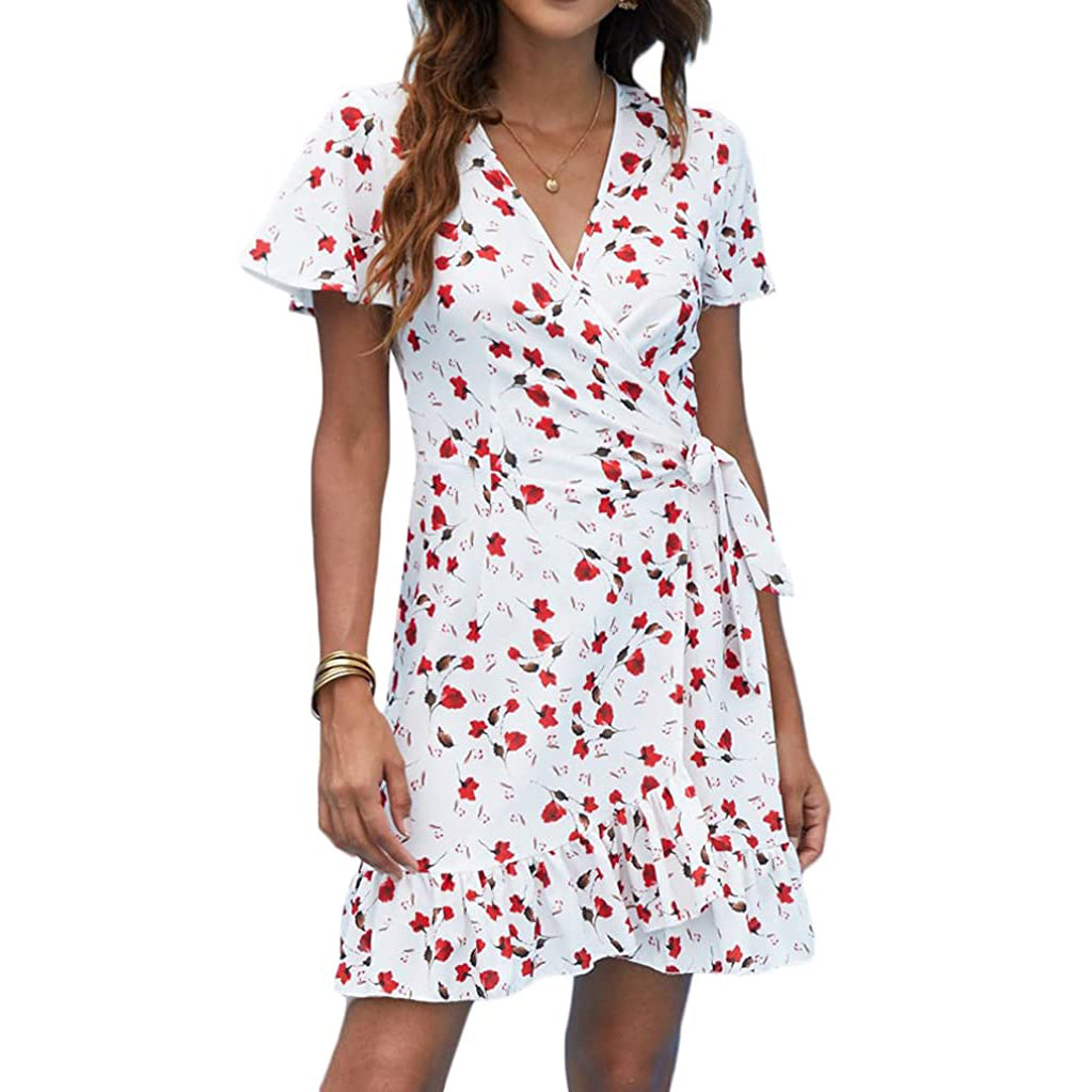 Women's Summer Wrap V Neck Polka Dot Dress Women's Dresses White S - DailySale