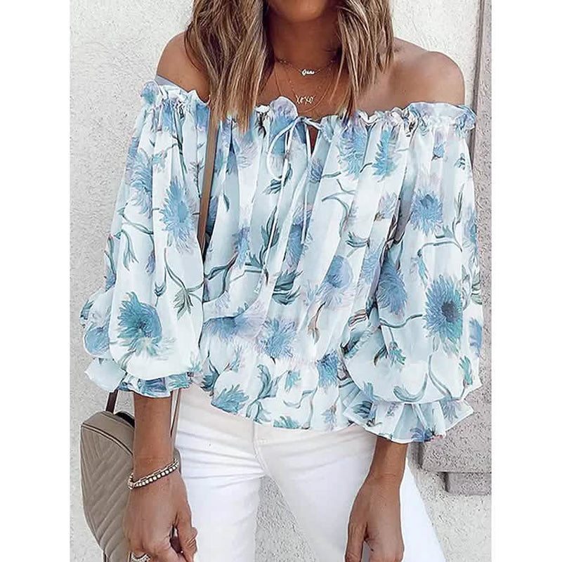 Women's T-Shirt Floral Print Off Shoulder Top Puff Sleeves Women's Tops Blue S - DailySale