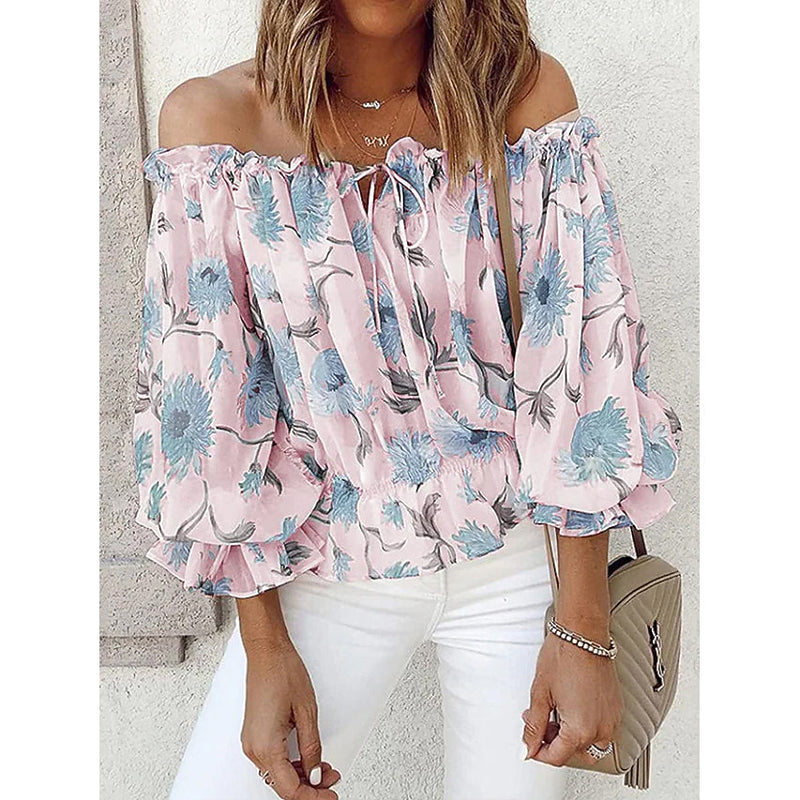 Women's T-Shirt Floral Print Off Shoulder Top Puff Sleeves Women's Tops Pink S - DailySale