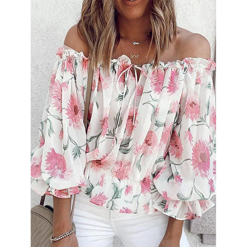 Off Shoulder Top with Bell Sleeves - Floral Prints