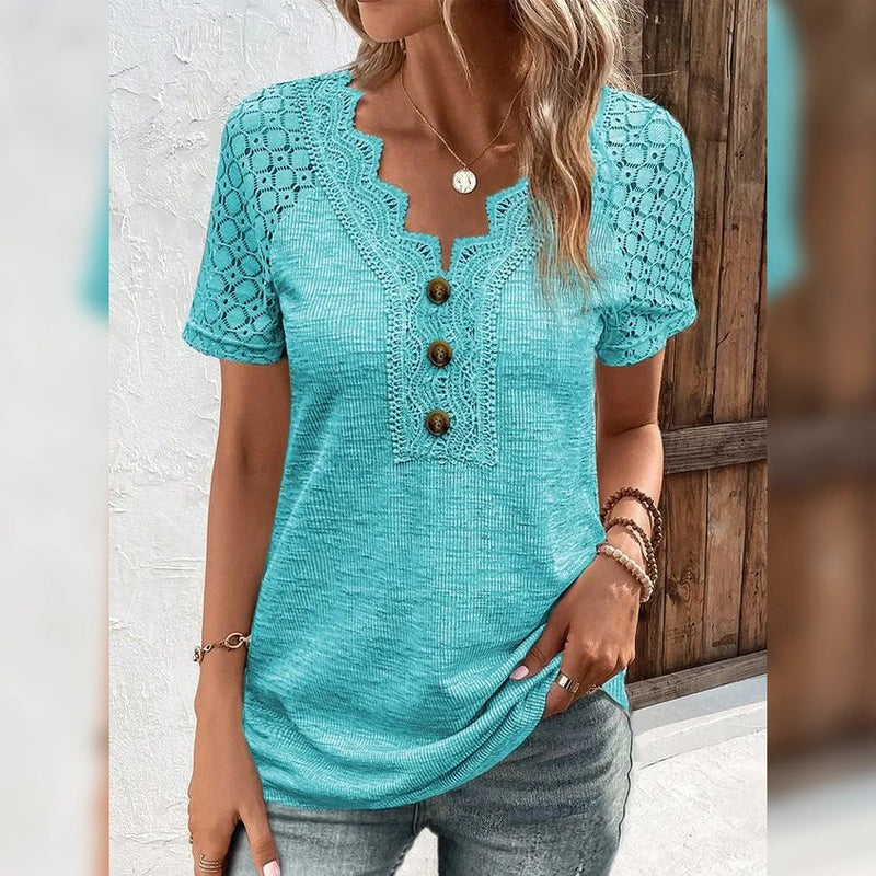 Women's T-Shirt Plain Lace Button Short Sleeve Women's Tops Blue S - DailySale
