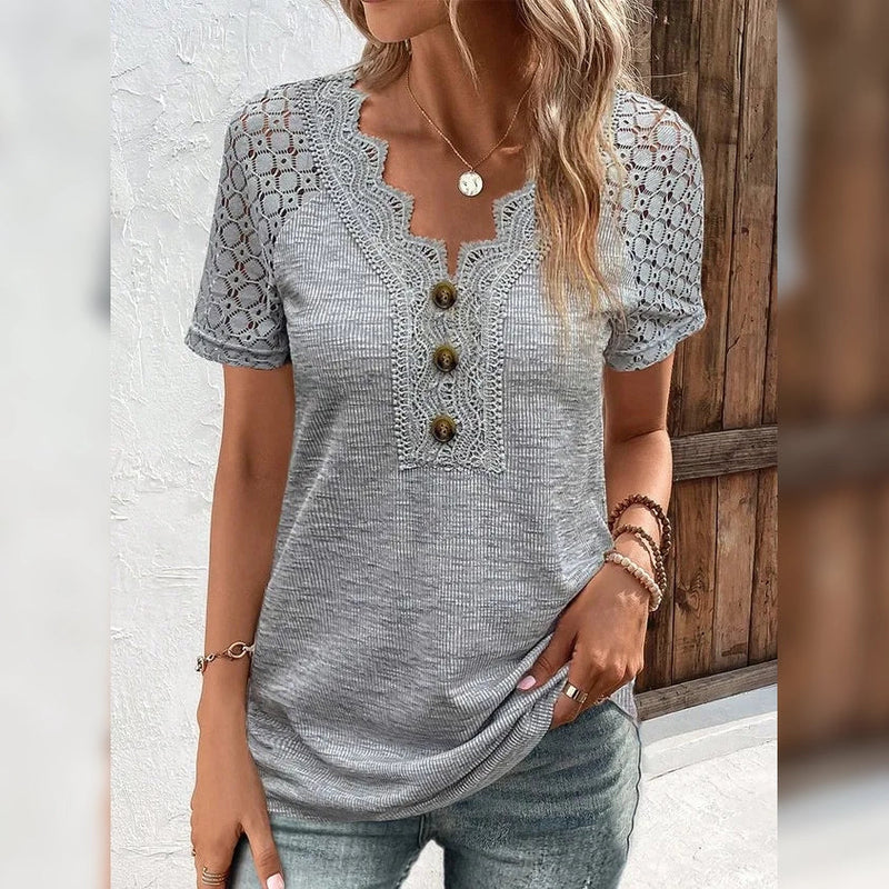 Women's T-Shirt Plain Lace Button Short Sleeve