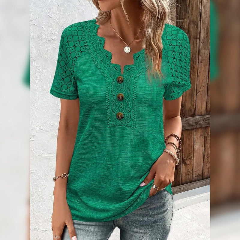 Women's T-Shirt Plain Lace Button Short Sleeve Women's Tops Green S - DailySale