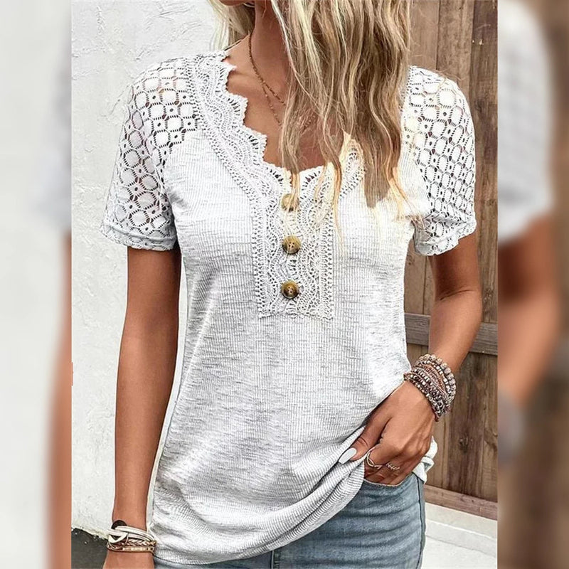 Women's T-Shirt Plain Lace Button Short Sleeve Women's Tops White S - DailySale