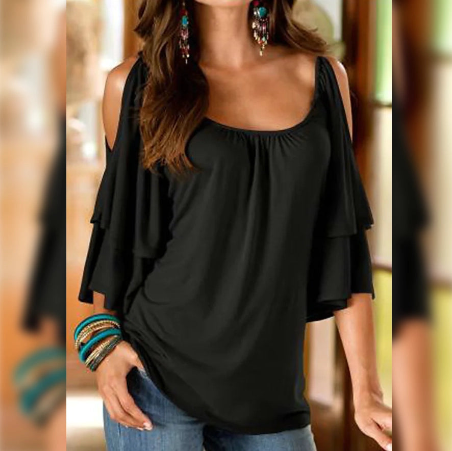 Women's T-Shirt Plain Ruffle Cold Shoulder Short Sleeve Women's Tops Black S - DailySale