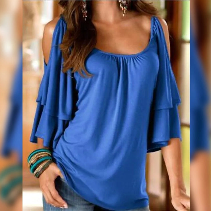 Women's T-Shirt Plain Ruffle Cold Shoulder Short Sleeve Women's Tops Blue S - DailySale