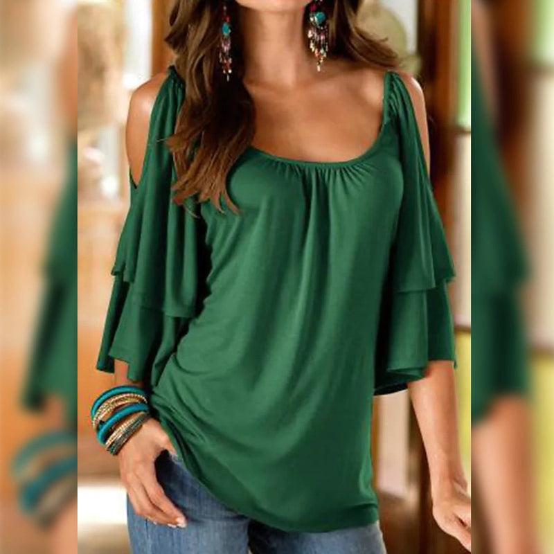 Women's T-Shirt Plain Ruffle Cold Shoulder Short Sleeve Women's Tops Green S - DailySale