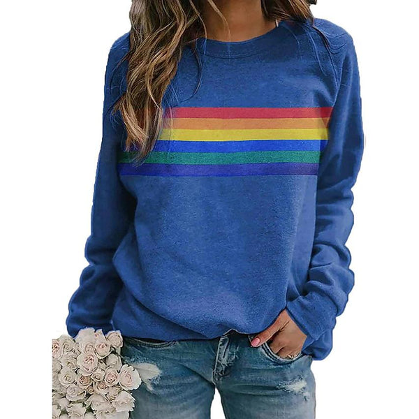Women's T shirt Rainbow Graphic Long Sleeve Round Neck Tops Women's Tops Blue S - DailySale