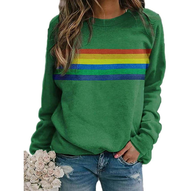 Women's T shirt Rainbow Graphic Long Sleeve Round Neck Tops Women's Tops Green S - DailySale