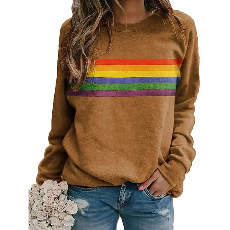 Women's T shirt Rainbow Graphic Long Sleeve Round Neck Tops Women's Tops Khaki S - DailySale