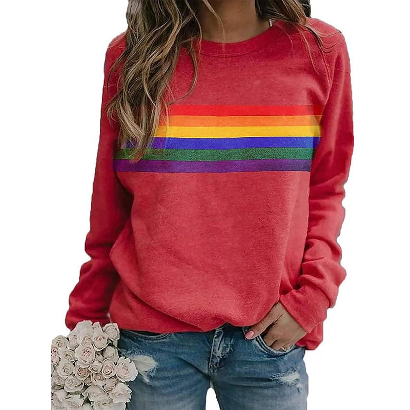 Women's T shirt Rainbow Graphic Long Sleeve Round Neck Tops Women's Tops Red S - DailySale
