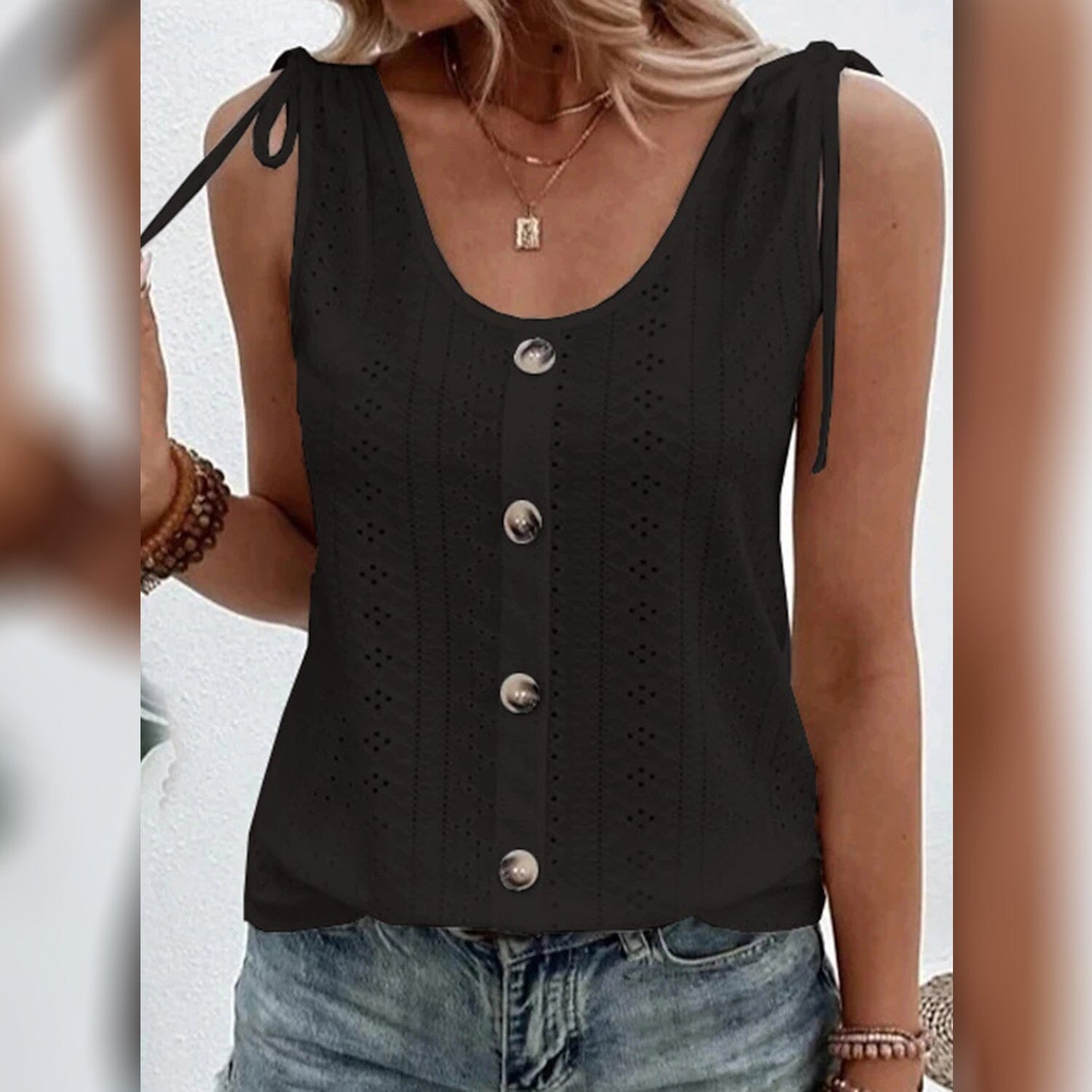 Women's Tank Top Plain Button U Neck Women's Tops Black S - DailySale