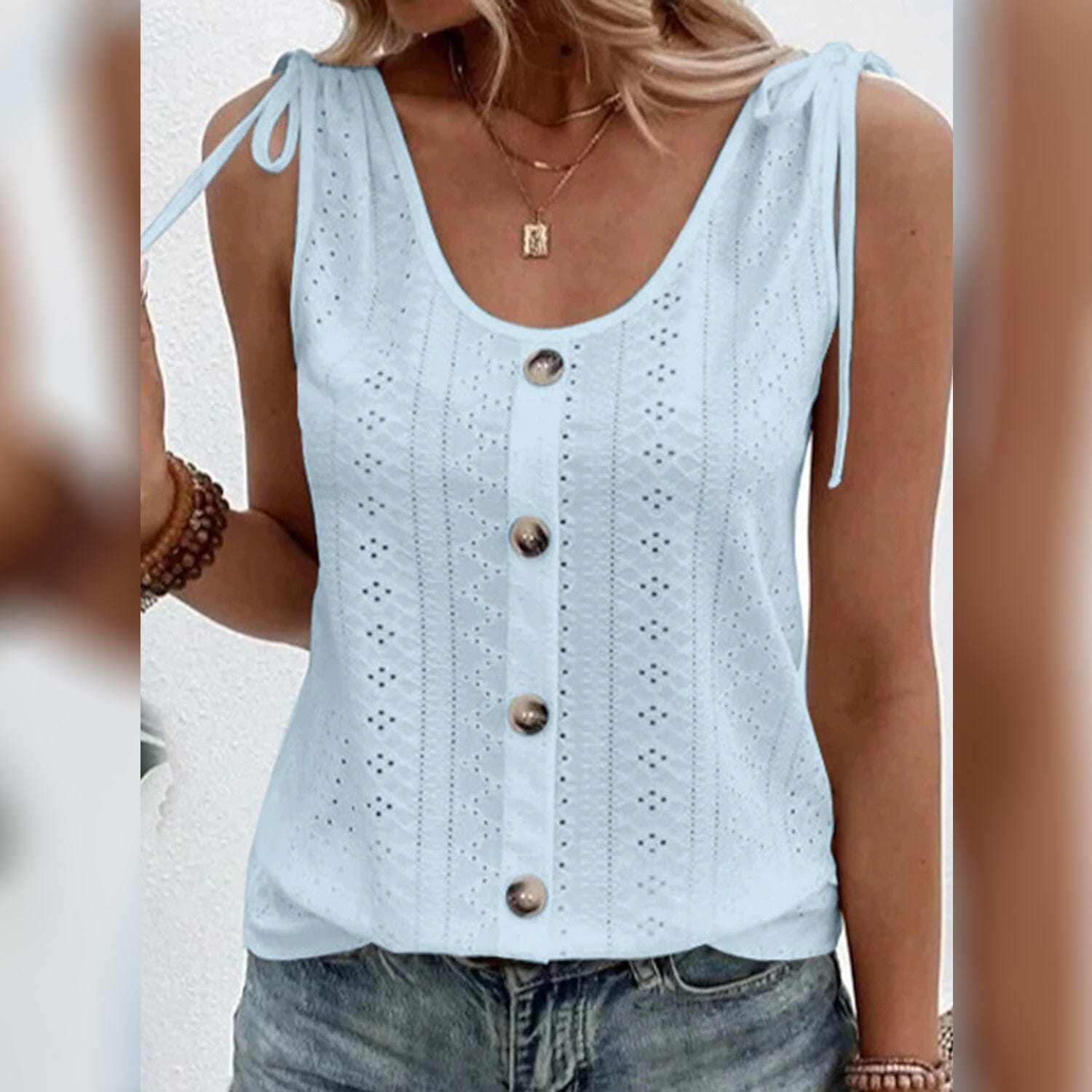 Women's Tank Top Plain Button U Neck Women's Tops Light Blue S - DailySale