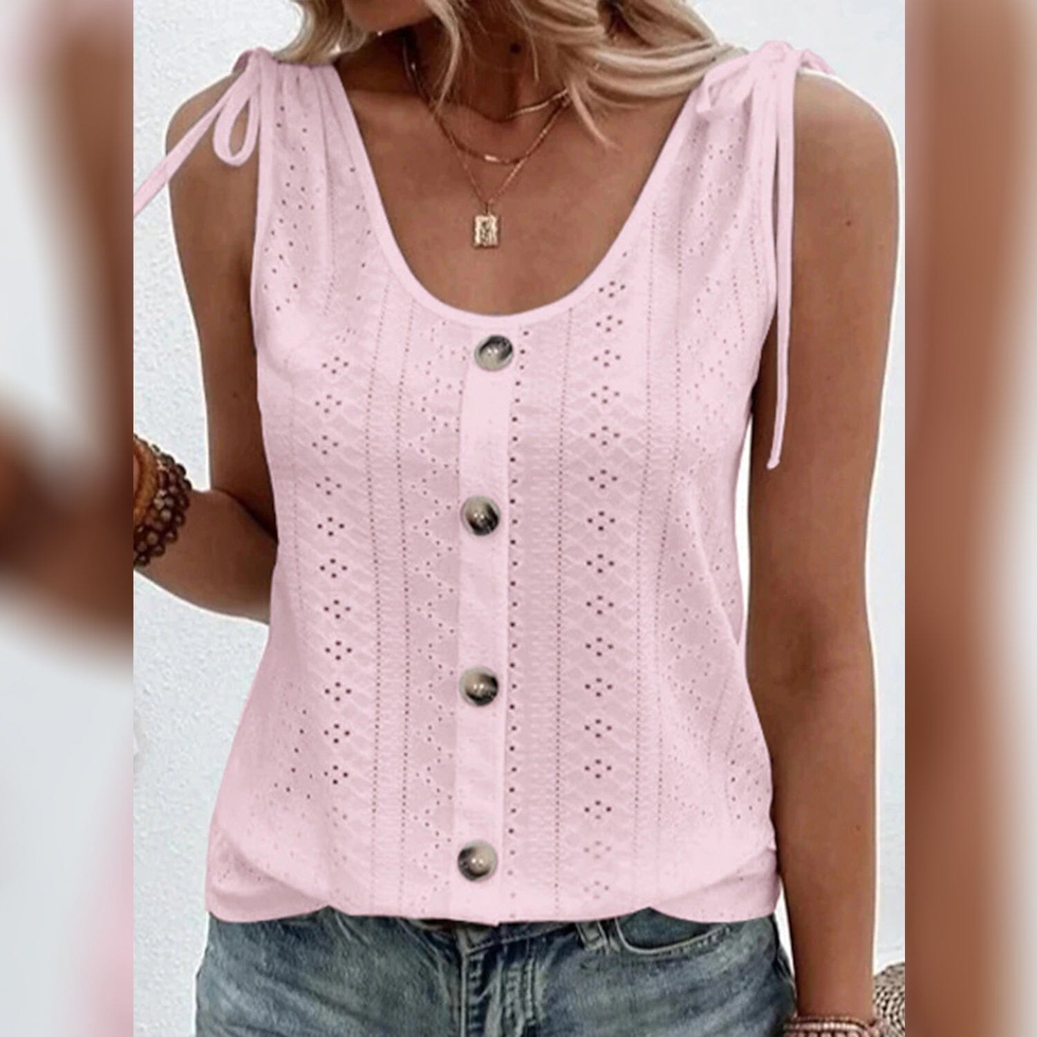 Women's Tank Top Plain Button U Neck Women's Tops Pink S - DailySale