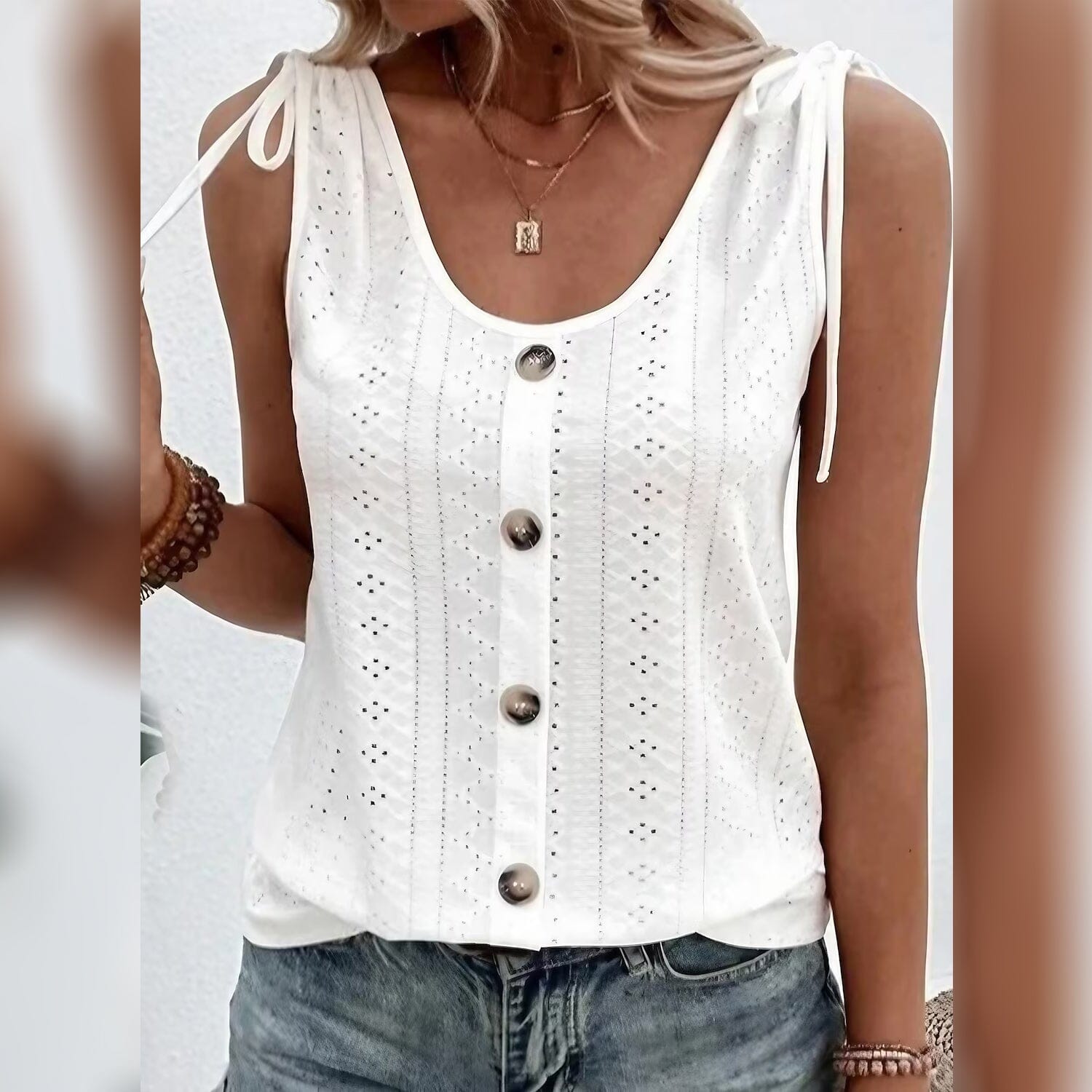 Women's Tank Top Plain Button U Neck Women's Tops White S - DailySale