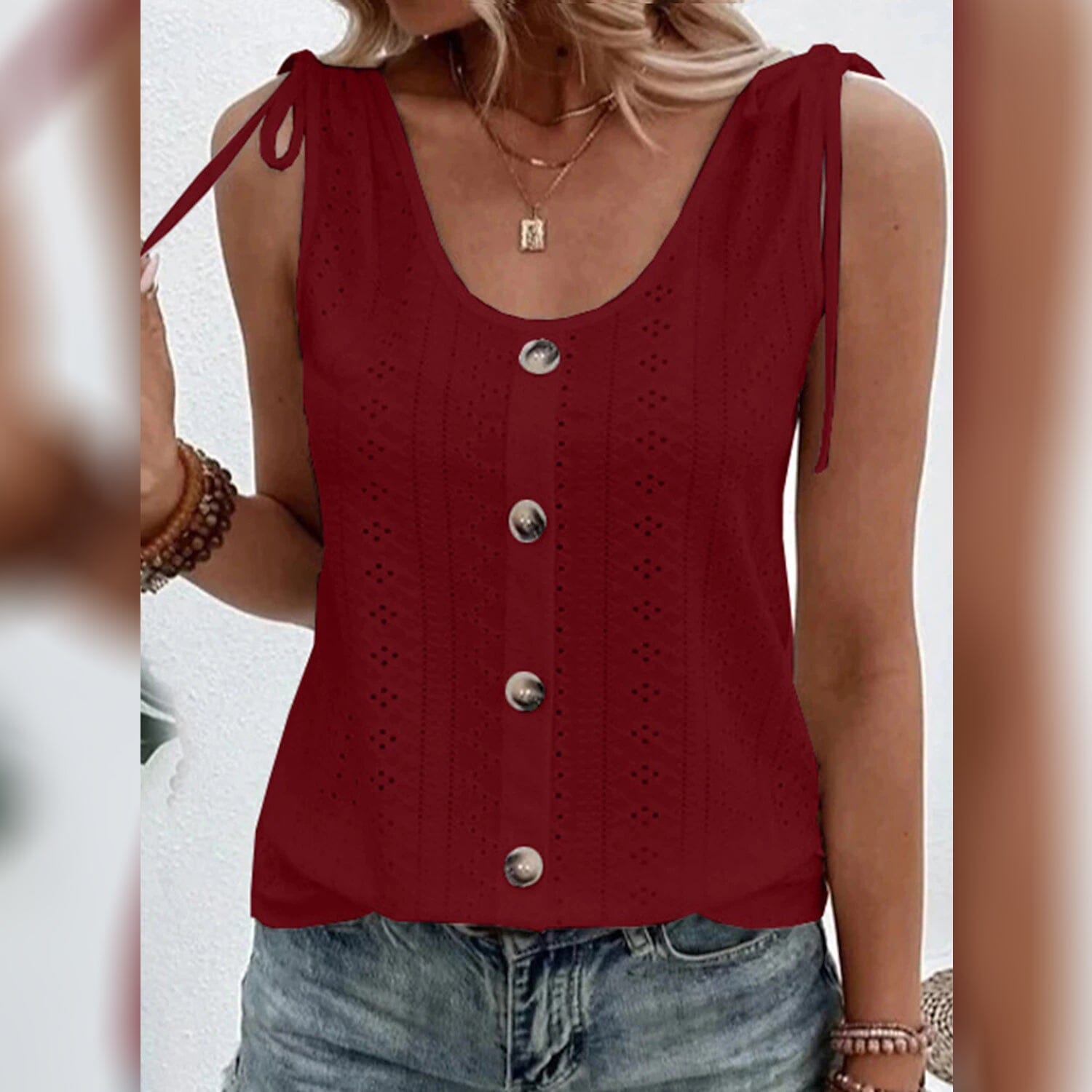 Women's Tank Top Plain Button U Neck Women's Tops Wine S - DailySale