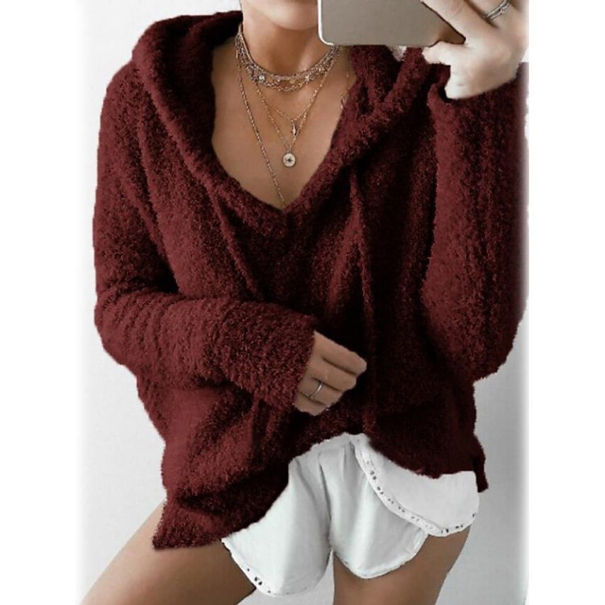 Women's Teddy Coat Plain Daily Basic Loose Hoodie Women's Outerwear Wine S - DailySale