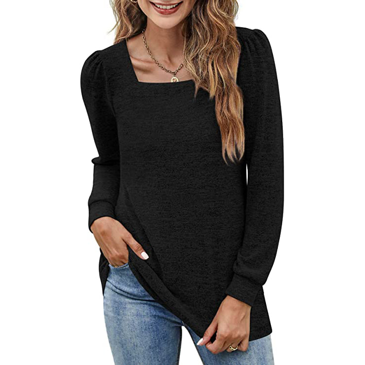 Women's Tunic Top Square Neck Puff Sleeve Women's Tops Black S - DailySale