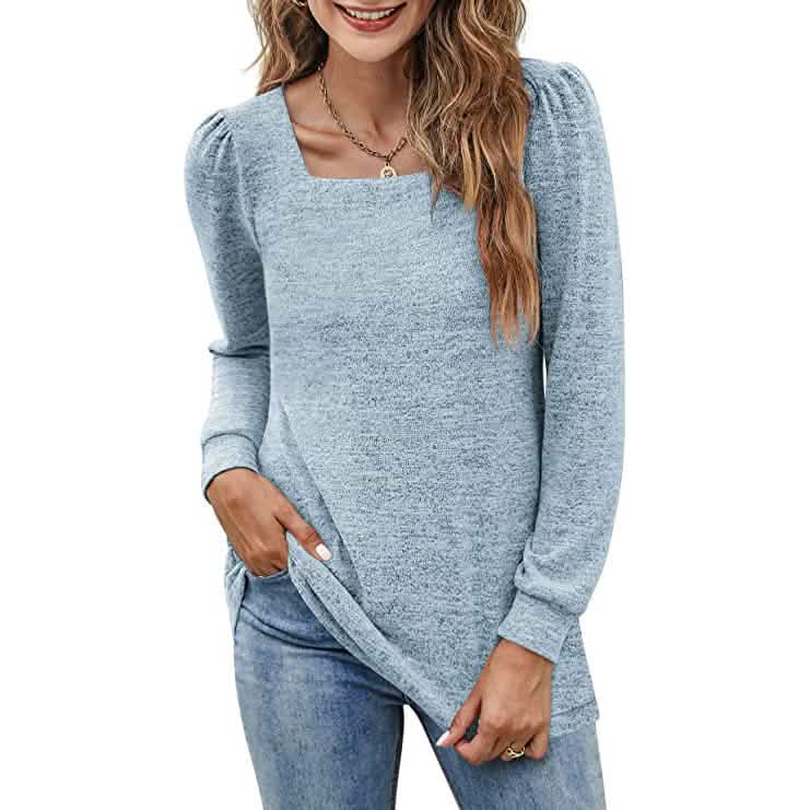 Women's Tunic Top Square Neck Puff Sleeve Women's Tops Blue S - DailySale