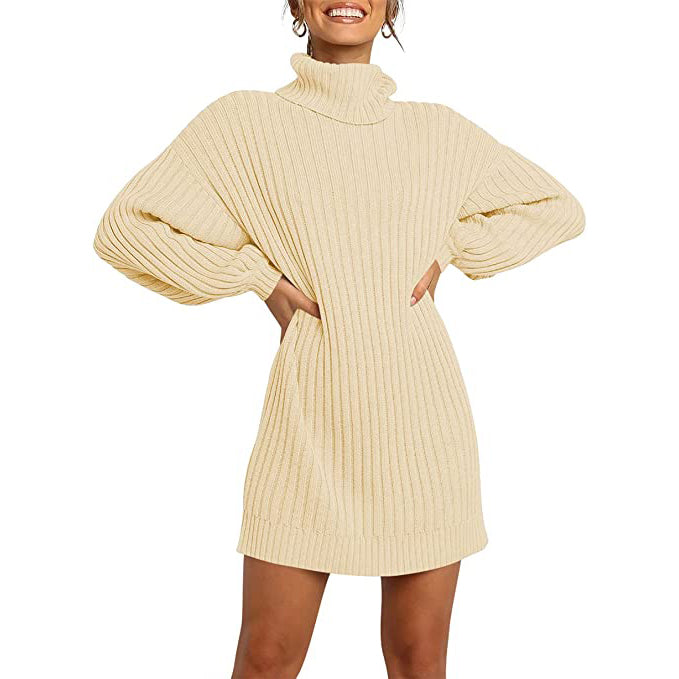 Women's Turtleneck Long Lantern Sleeve Casual Loose Oversized Sweater Dress Women's Dresses S - DailySale