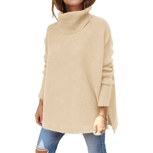 Women's Turtleneck Oversized Sweaters Long Batwing Sleeve Spilt Hem Tunic Women's Tops Apricot S - DailySale
