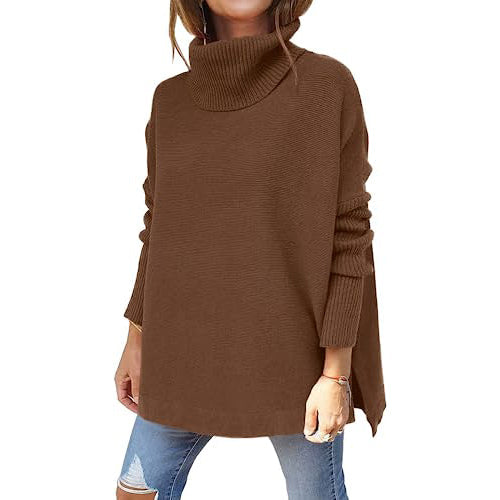Women's Turtleneck Oversized Sweaters Long Batwing Sleeve Spilt Hem Tunic Women's Tops Brown S - DailySale