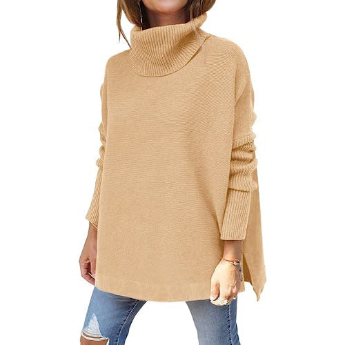 Women's Turtleneck Oversized Sweaters Long Batwing Sleeve Spilt Hem Tunic Women's Tops Khaki S - DailySale