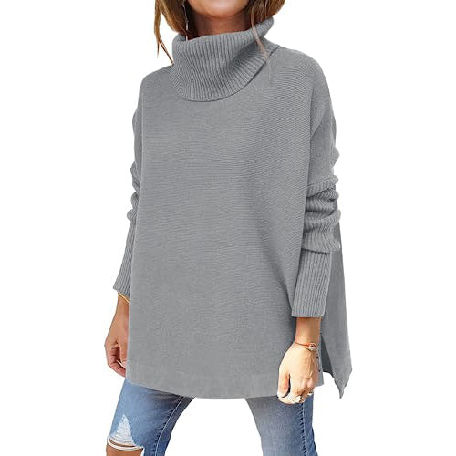 Women's Turtleneck Oversized Sweaters Long Batwing Sleeve Spilt Hem Tunic Women's Tops Light Gray S - DailySale