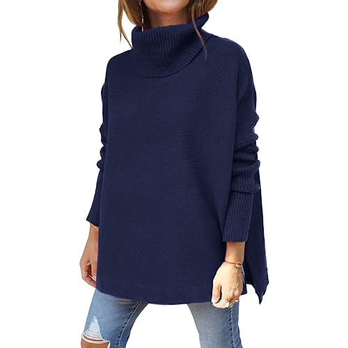 Women's Turtleneck Oversized Sweaters Long Batwing Sleeve Spilt Hem Tunic Women's Tops Navy S - DailySale