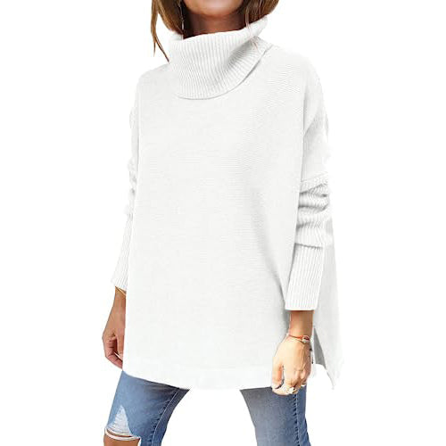 Women's Turtleneck Oversized Sweaters Long Batwing Sleeve Spilt Hem Tunic Women's Tops White S - DailySale