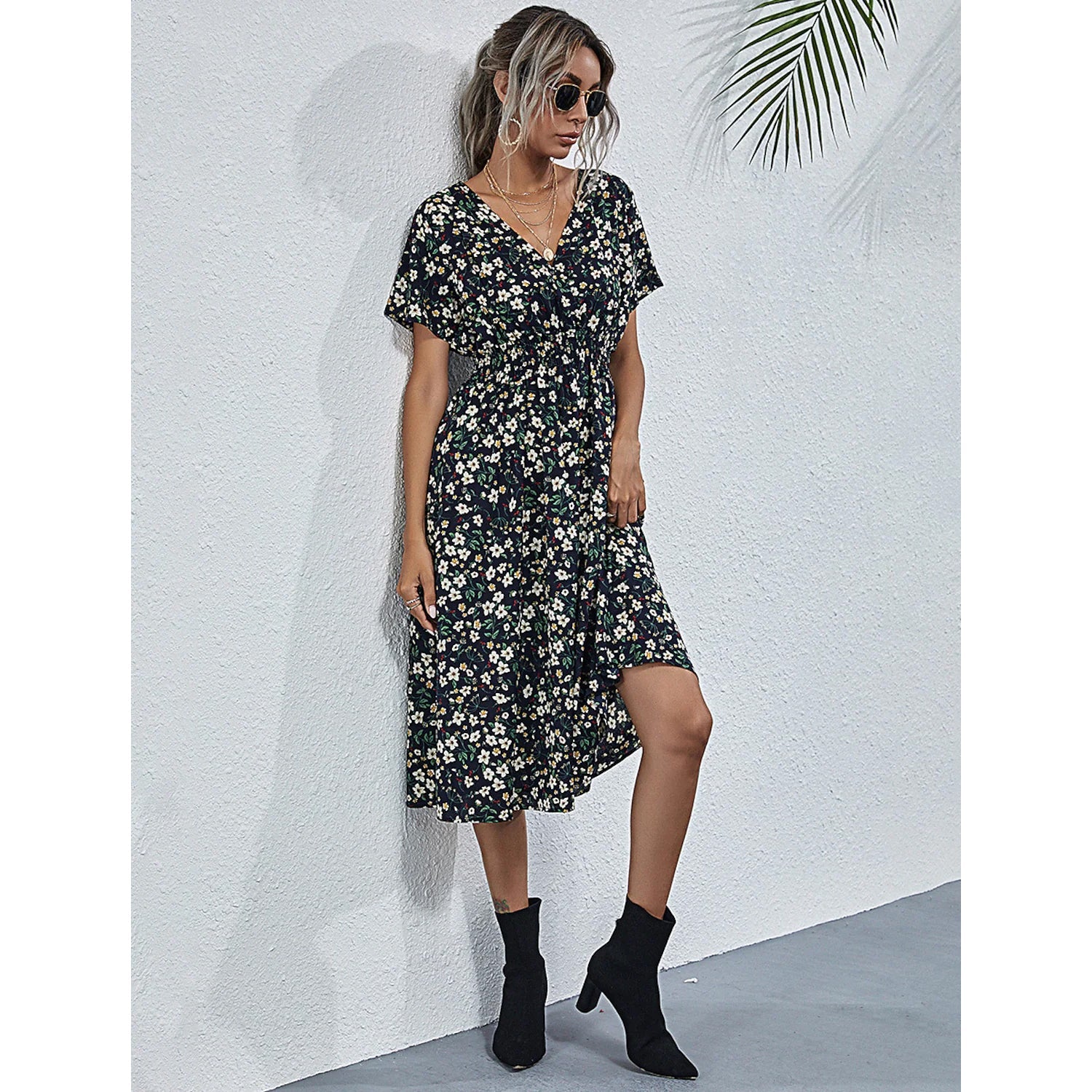 Women's V Neck Casual Boho Loose Midi Dress Women's Dresses Black S - DailySale