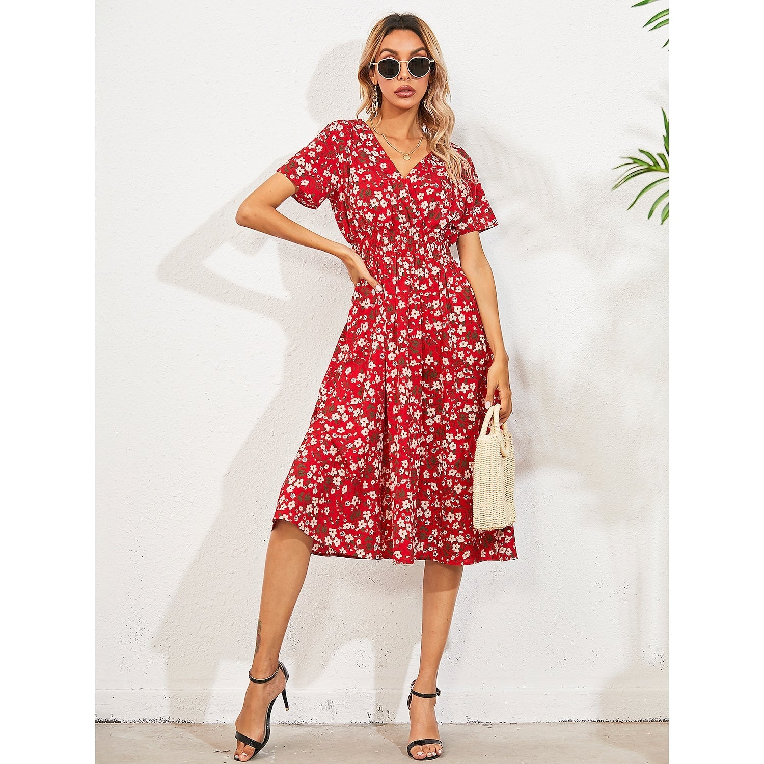 Women's V Neck Casual Boho Loose Midi Dress Women's Dresses Red S - DailySale