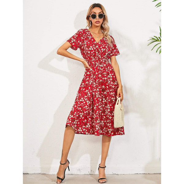 white christmas dresses Women's V Neck Casual Boho Loose Midi Dress