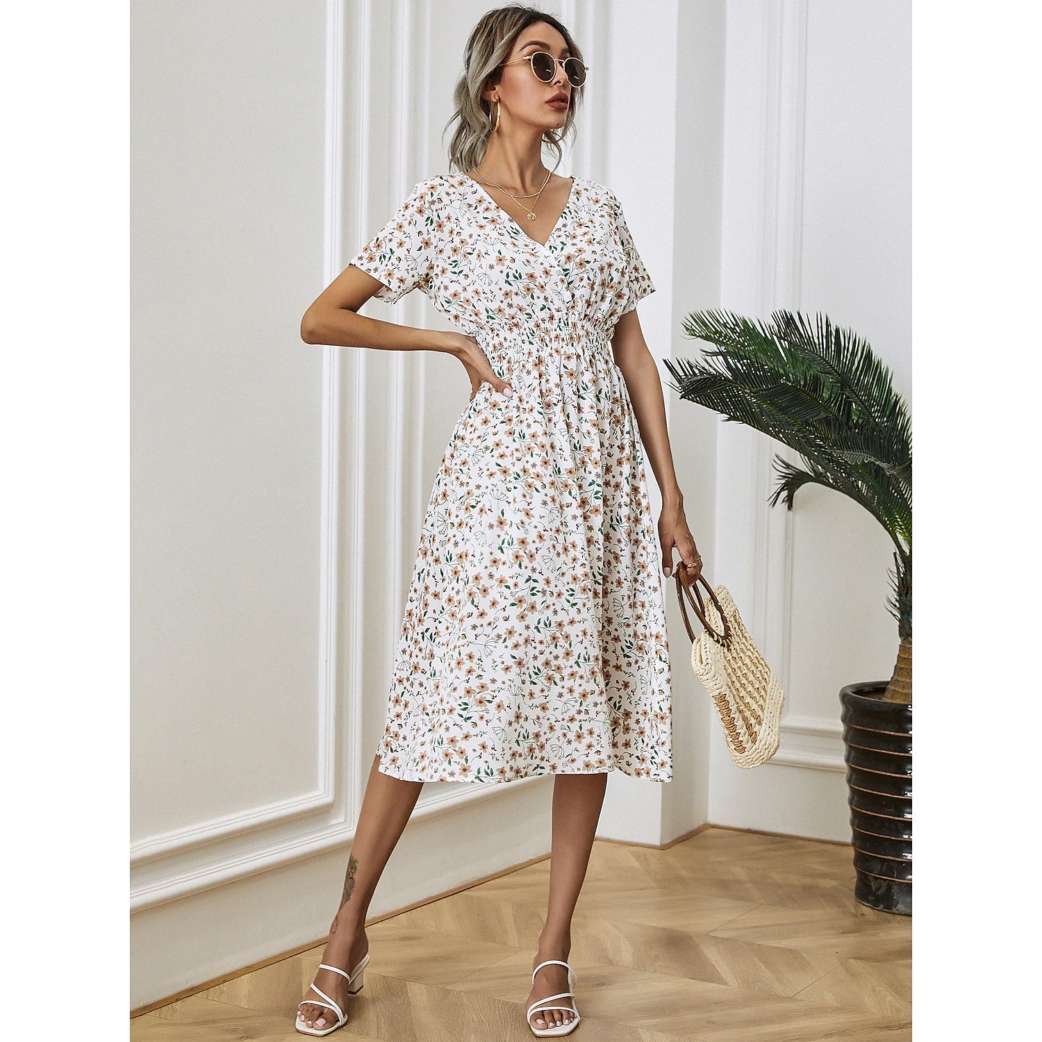 Women's V Neck Casual Boho Loose Midi Dress Women's Dresses White S - DailySale