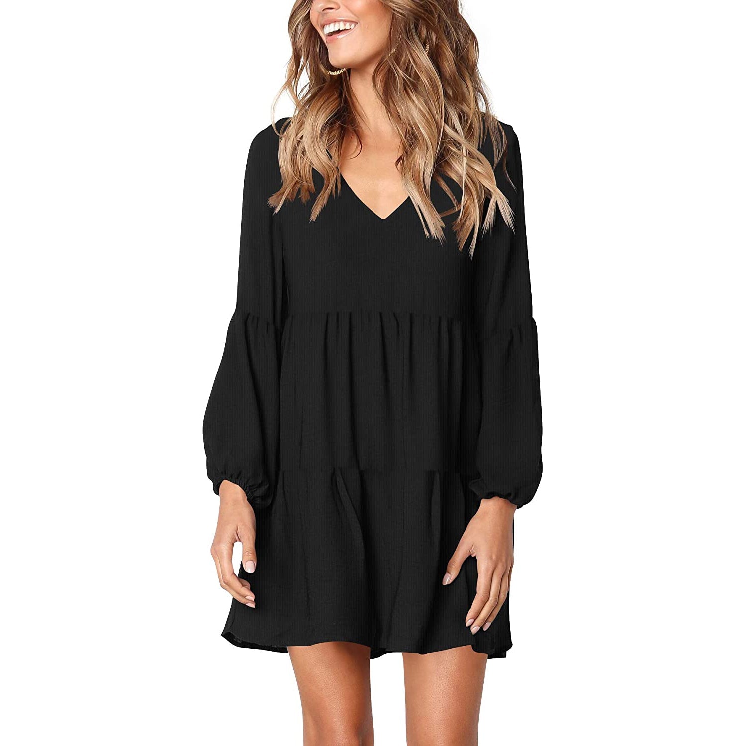 Women's V Neck Casual Loose Dress Women's Dresses Black S - DailySale